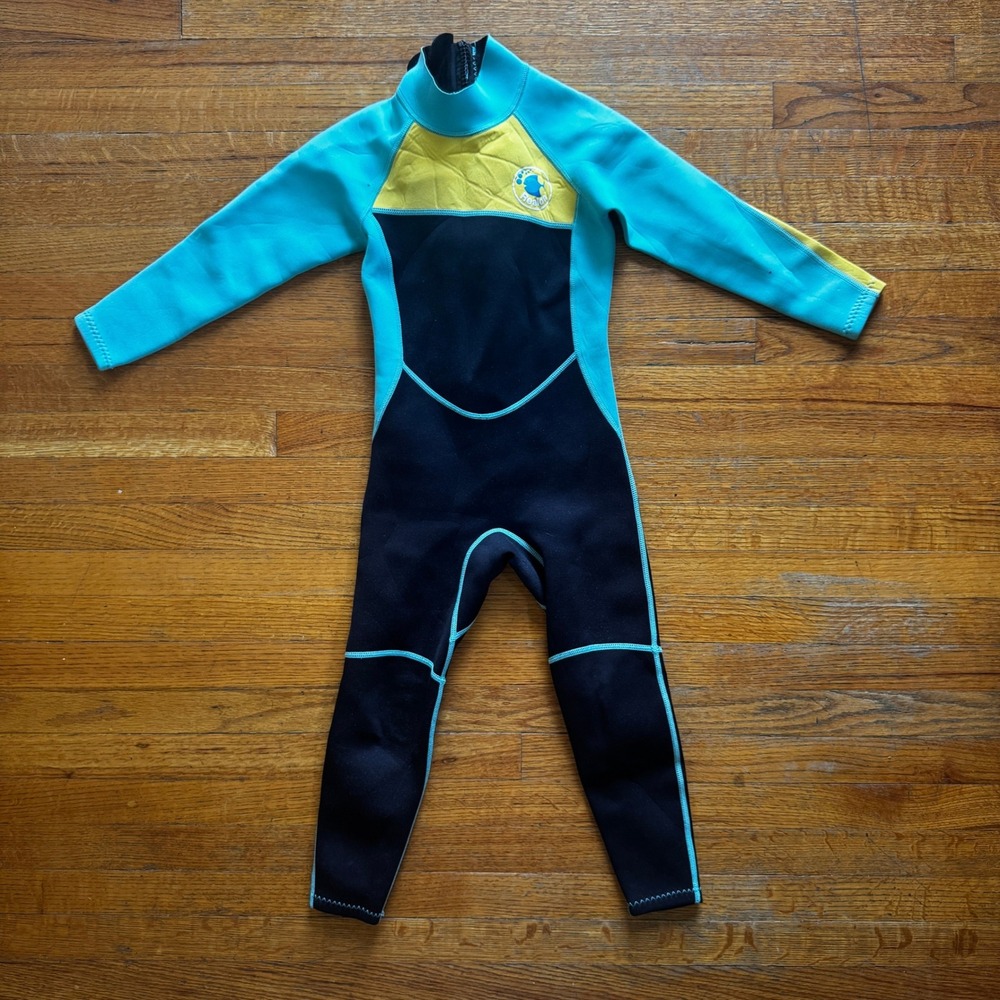 Realon‎ Kids Full Body Wetsuit Teal Yellow Black Neoprene Size S Long Sleeve